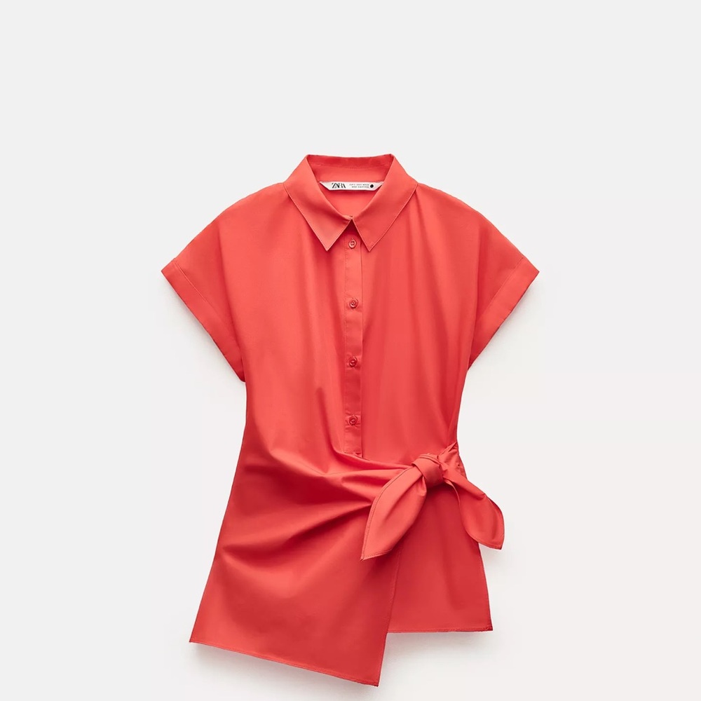 Zara Vibrant Coral Tie-Waist Shirt